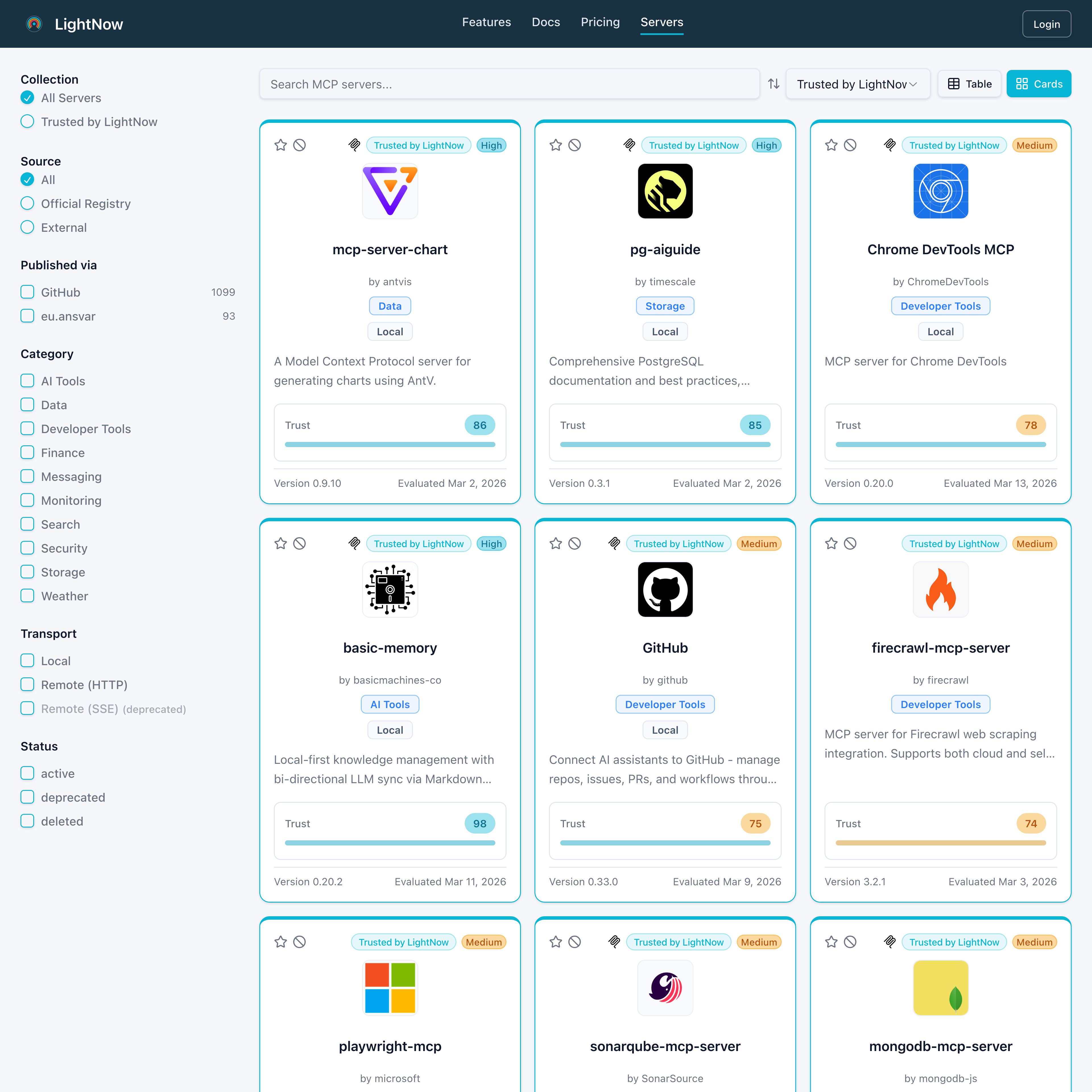 LightNow registry overview with listed MCP servers