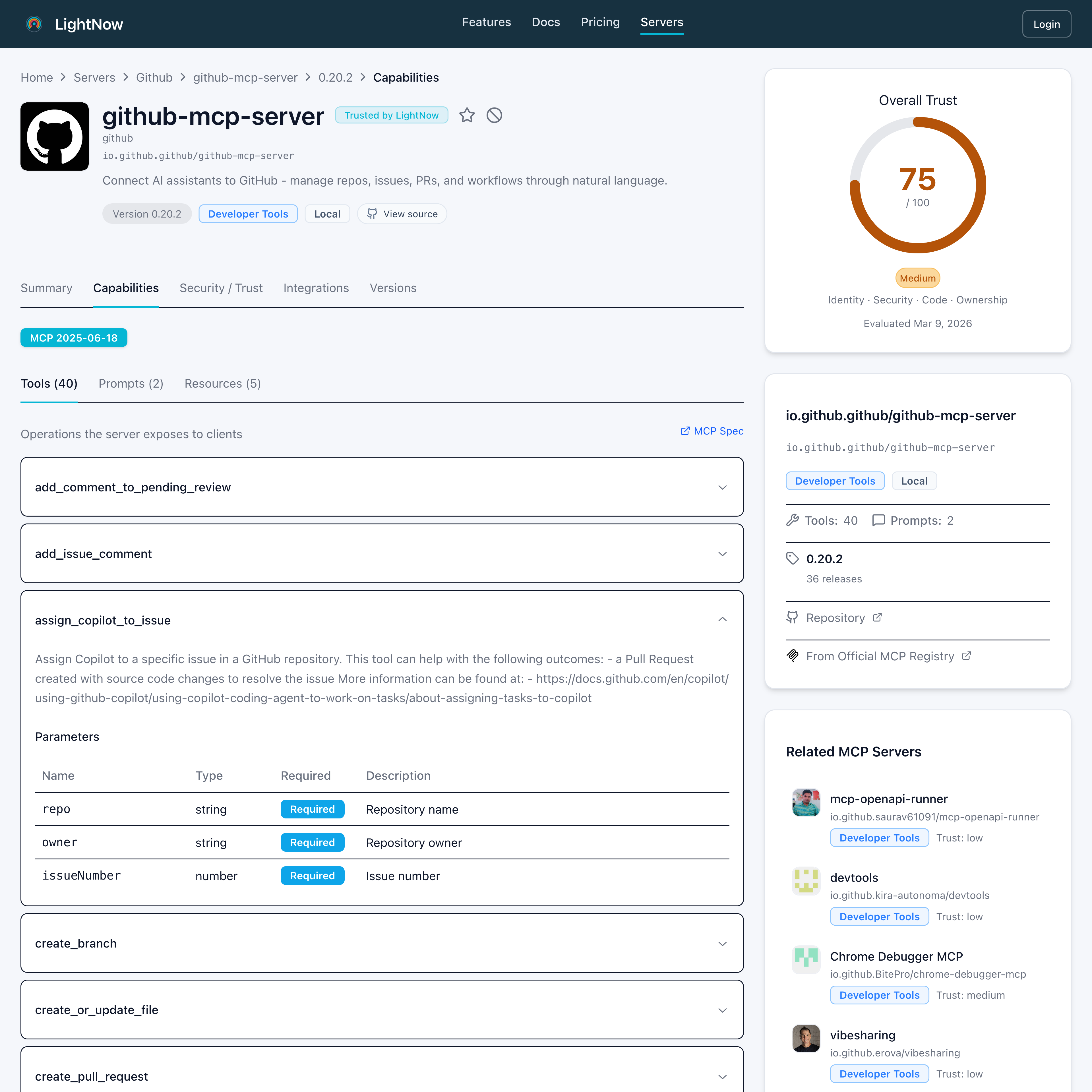 LightNow server details page with metadata and trust information