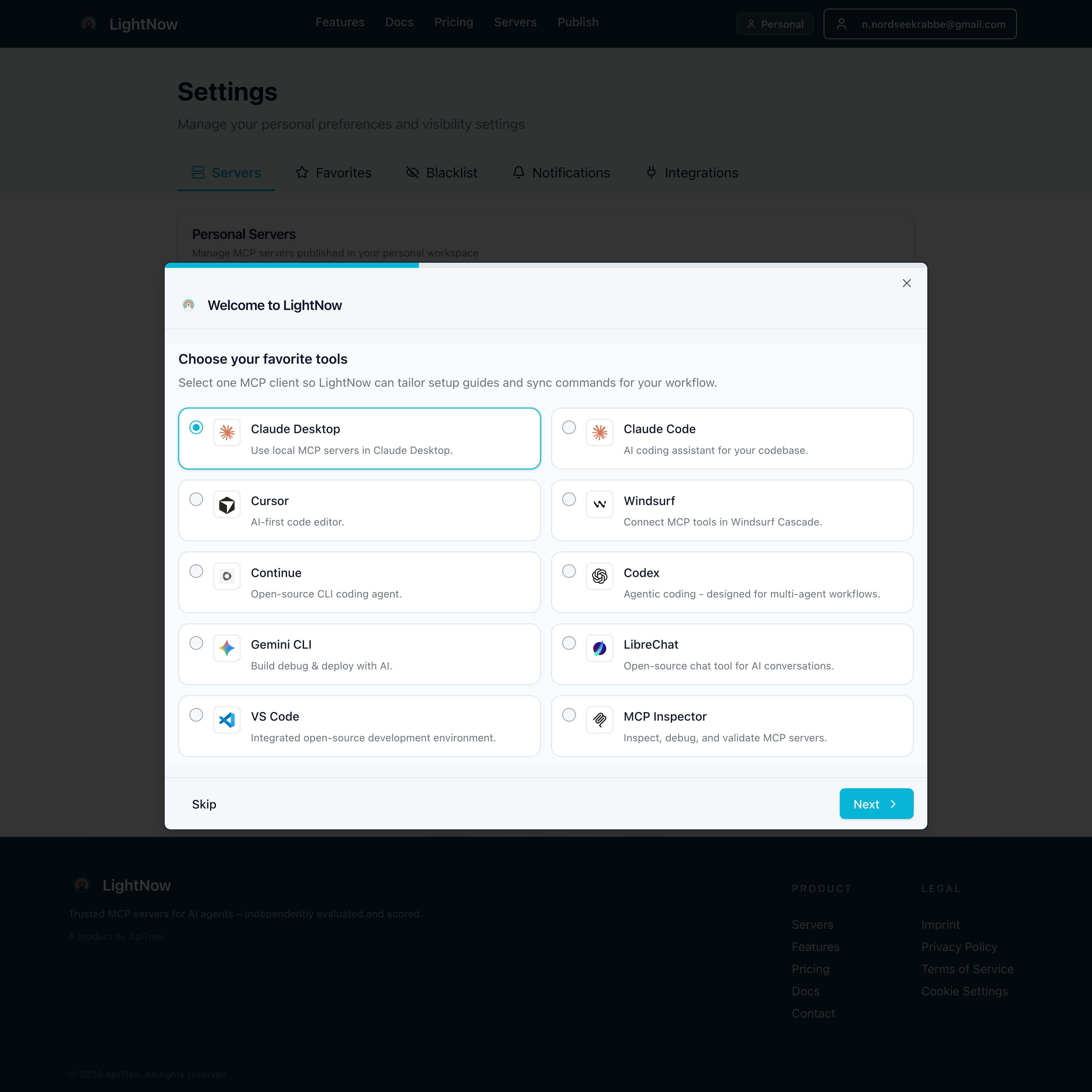 LightNow welcome wizard for onboarding and setup