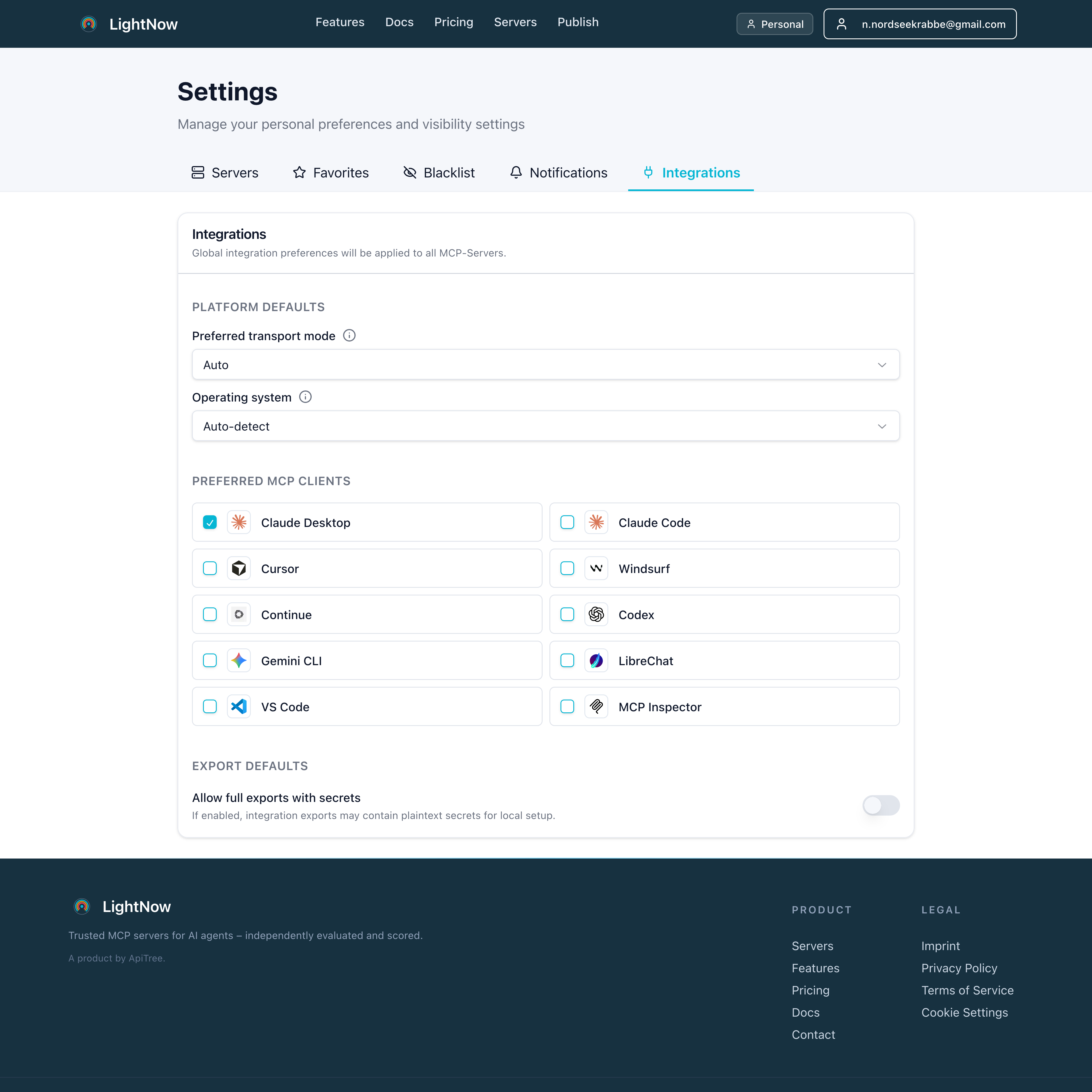 LightNow settings area for configuration and governance